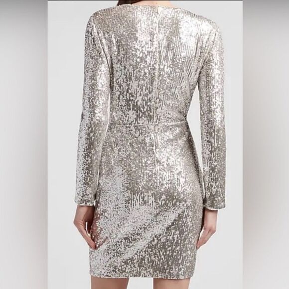 express sequin dress mini silver sequins long sleeve size XS wrap v-neck - Picture 2 of 7